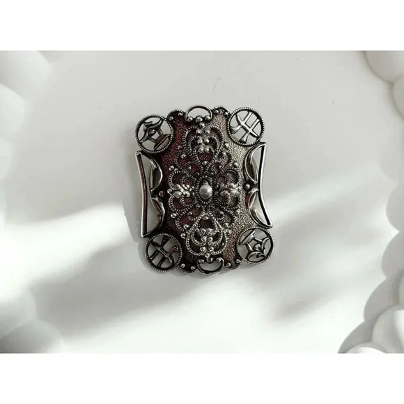 Silver Tone Filigree German Made Beaded Textured Design Vintage Scarf Clip - Picture 2 of 10